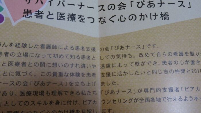 サバイバーナースの会「ぴあナース」・・・がんを経験した看護師による患者支援の会です。どんな時でもどこにいても安心して自分らしく過ごしたいたとえがんになっても・・・・それがぴあナースの願いそしてみんなの願いです。